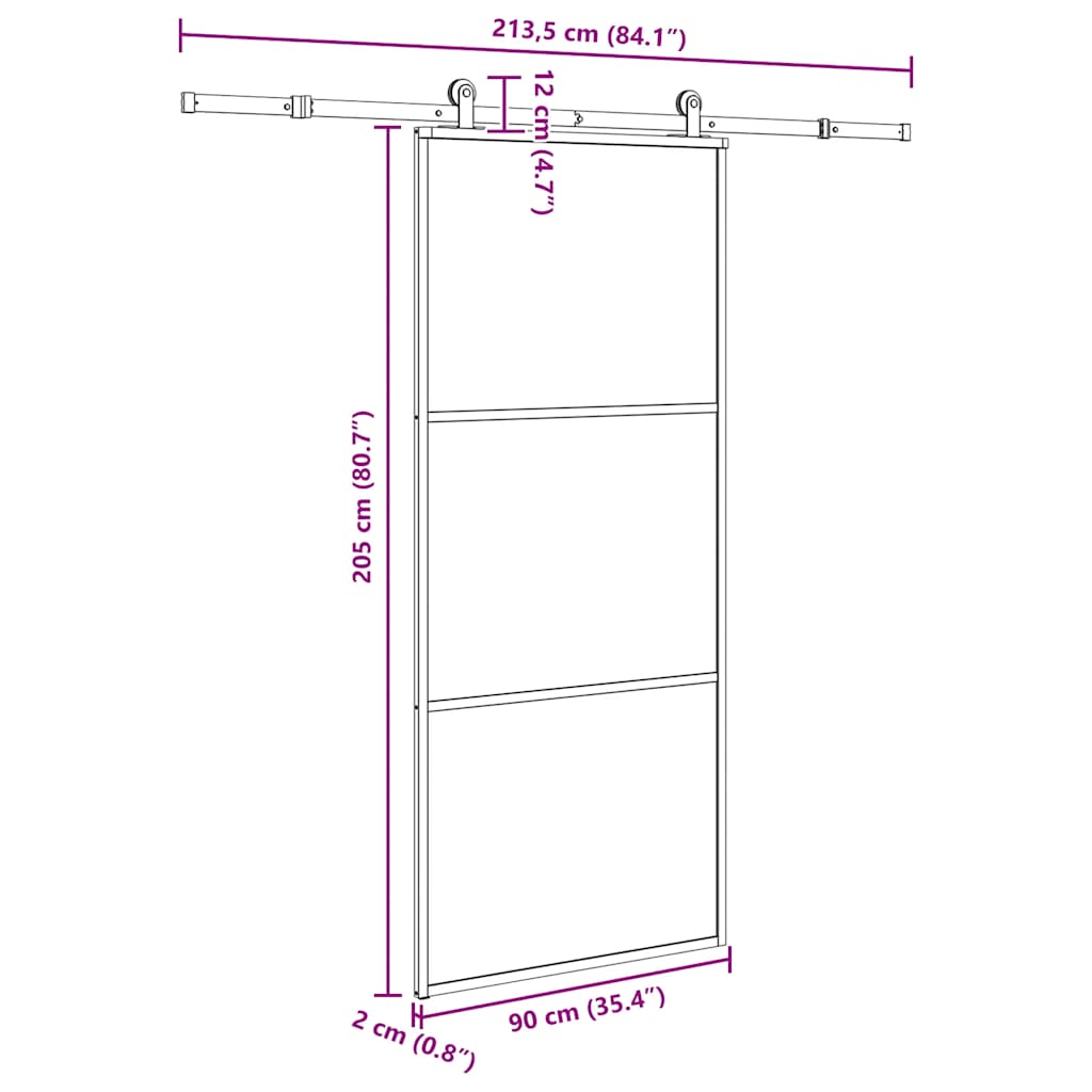 Ușă glisantă cu set feronerie, 90x205 cm, sticlă ESG/aluminiu