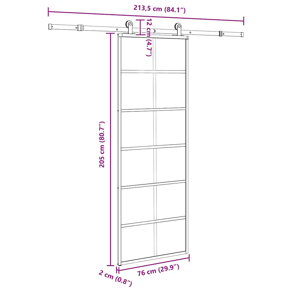 Ușă glisantă cu set feronerie, 76x205 cm, sticlă ESG/aluminiu