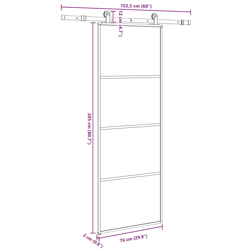 Ușă glisantă cu set feronerie, 76x205 cm, sticlă ESG/aluminiu