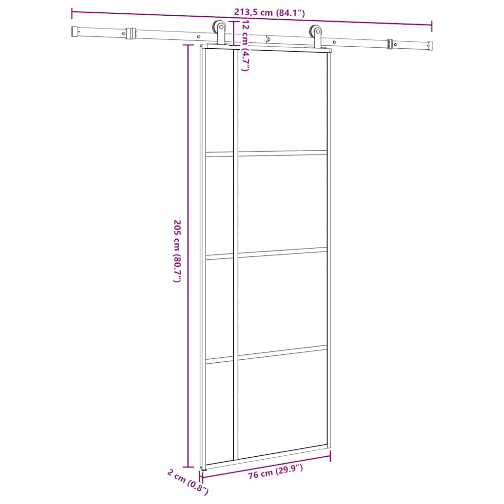 Ușă glisantă cu set feronerie, 76x205 cm, sticlă ESG/aluminiu