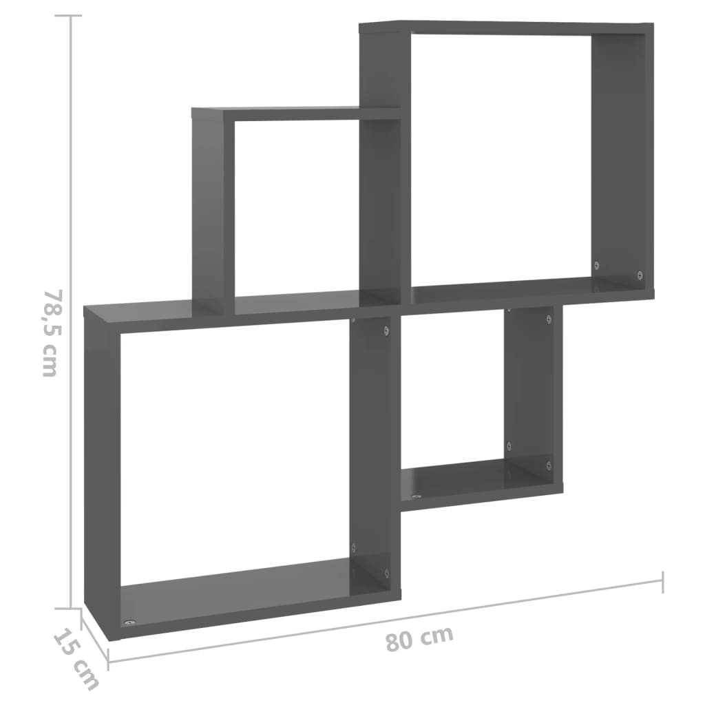 Raft de perete cub, gri extralucios, 80x15x78,5 cm, PAL