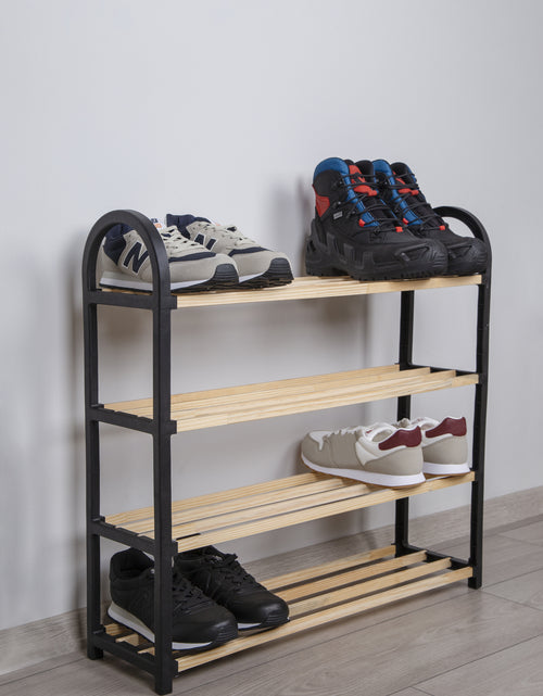 Загрузите изображение в средство просмотра галереи, Raft pentru încălțăminte negru cu 4 compartimente Chawood, din lemn masiv pentru pantofi, raft cu tije din lemn Lando - Lando
