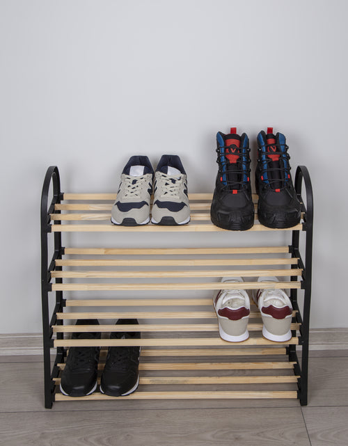 Încărcați imaginea în vizualizatorul Galerie, Raft pentru încălțăminte negru cu 4 compartimente Chawood, din lemn masiv pentru pantofi, raft cu tije din lemn Lando - Lando
