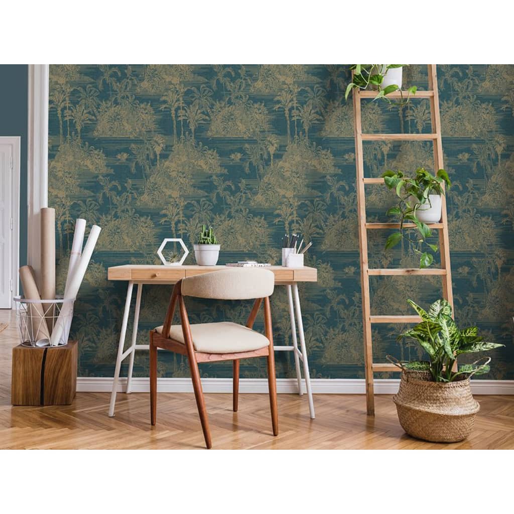 DUTCH WALLCOVERINGS Tapet „Tropical”, albastru închis și auriu - Lando