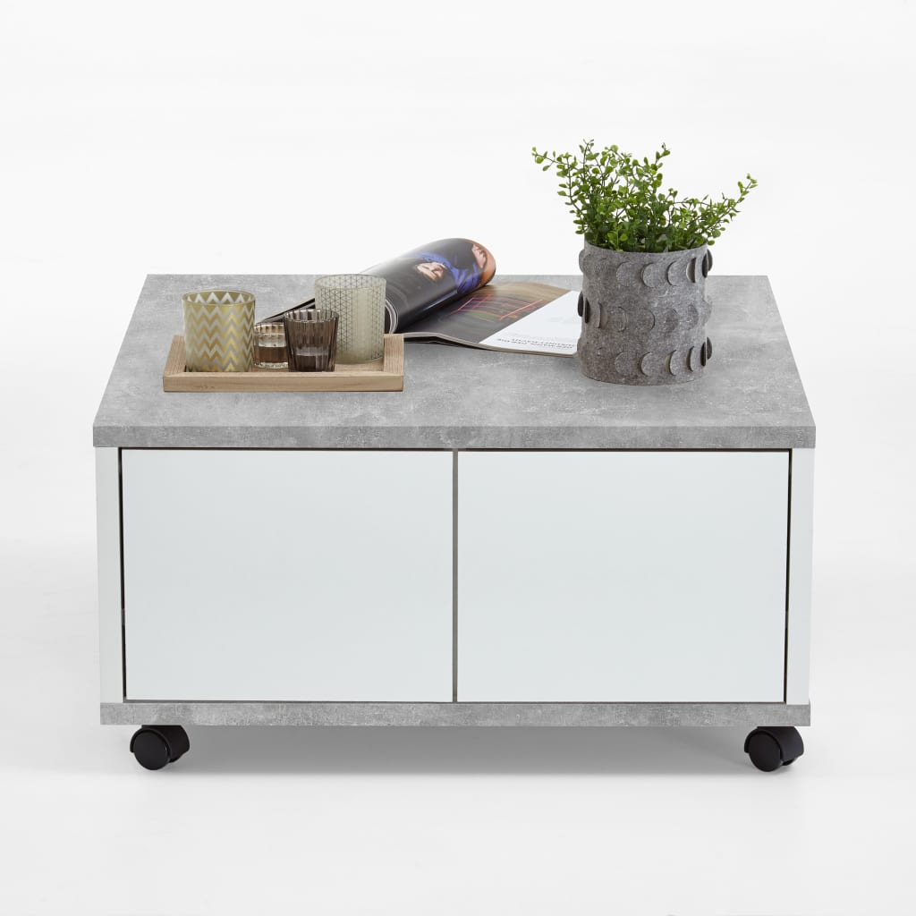 FMD Măsuță de cafea mobilă, gri beton & alb extralucios, 70x70x35,5 cm Lando - Lando