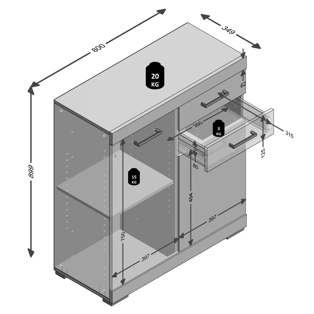 FMD Dulap cu 2 uși și 2 sertare, 80x34,9x89,9 cm, gri beton și alb - Lando
