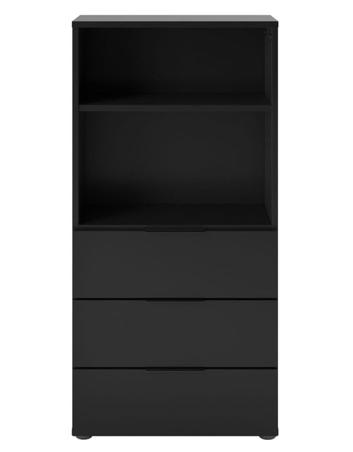 Încărcați imaginea în vizualizatorul Galerie, FMD Comodă cu 3 sertare și rafturi deschise, negru - Lando
