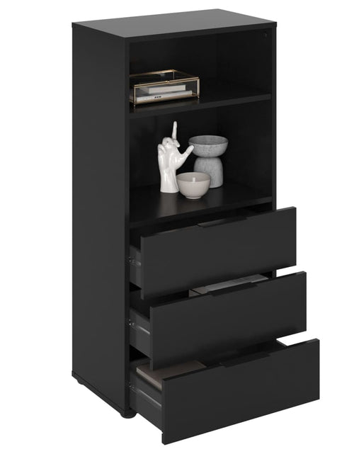 Încărcați imaginea în vizualizatorul Galerie, FMD Comodă cu 3 sertare și rafturi deschise, negru - Lando
