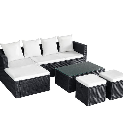 Încărcați imaginea în vizualizatorul Galerie, Set mobilier de grădină cu perne, 4 piese, negru, poliratan

