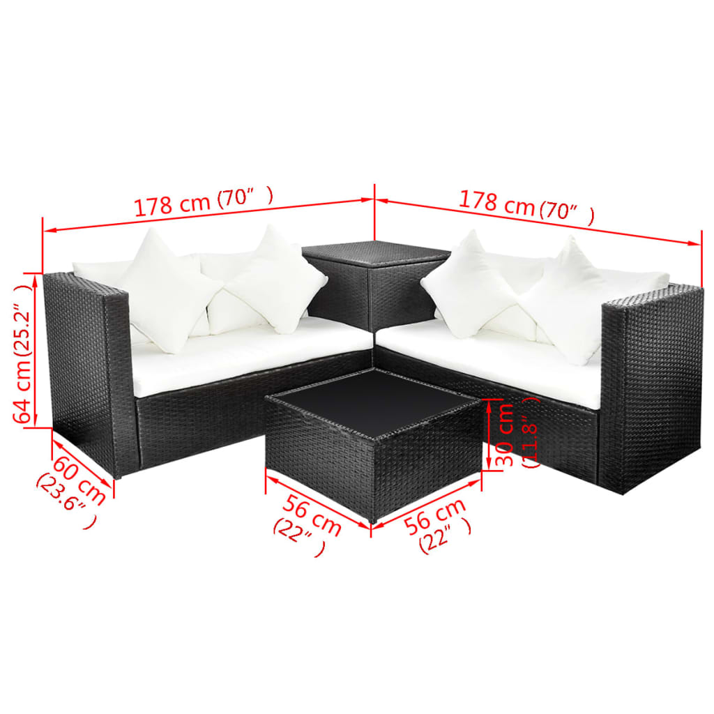 Set mobilier de grădină cu perne, 4 piese, negru, poliratan Lando - Lando