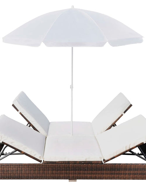Încărcați imaginea în vizualizatorul Galerie, Pat șezlong de exterior cu umbrelă, maro, poliratan - Lando
