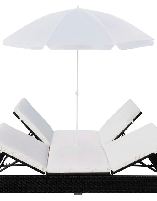 Încărcați imaginea în vizualizatorul Galerie, Pat șezlong de exterior cu umbrelă, negru, poliratan - Lando
