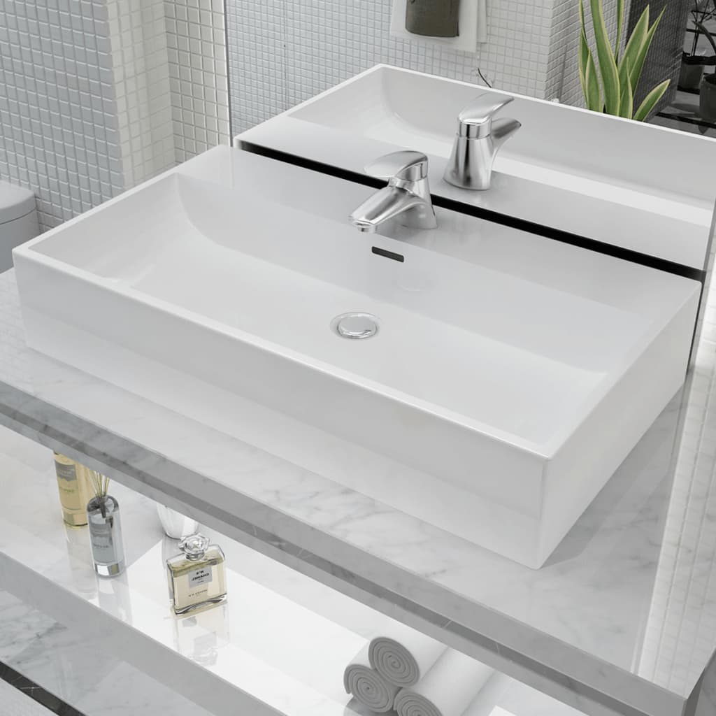 Chiuvetă baie, orificiu robinet, ceramică, 76x42,5x14,5 cm, alb Lando - Lando