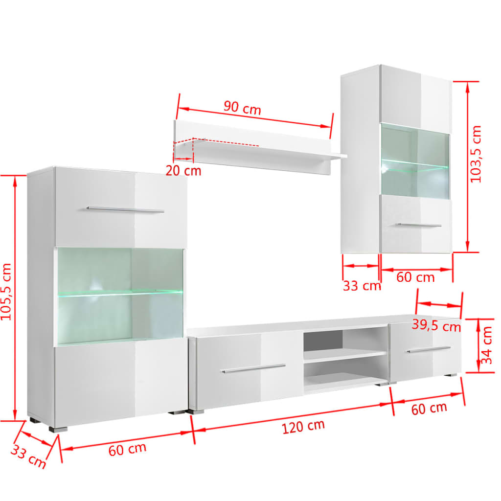 Set mobilier comodă TV de perete, 5 piese, iluminare LED, alb Lando - Lando