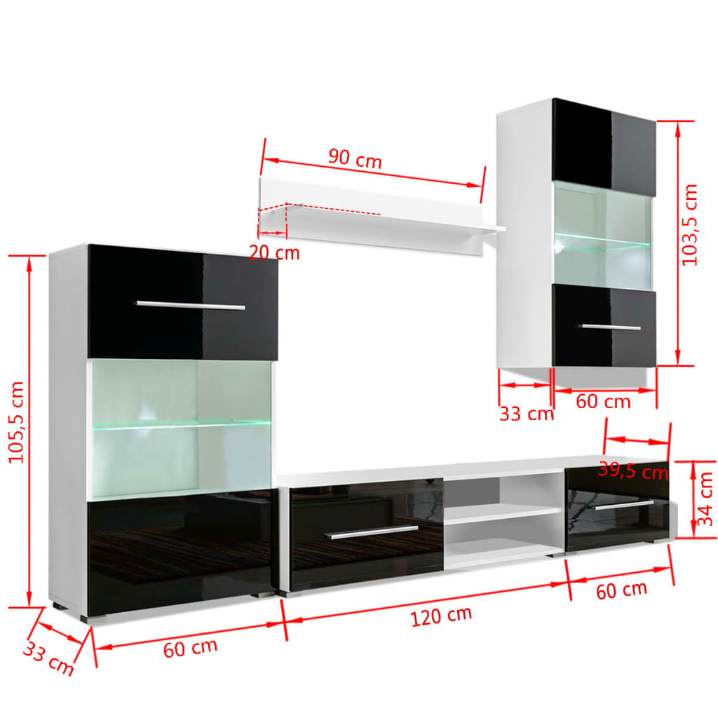 Set mobilier comodă TV de perete, 5 piese, iluminare LED, negru Lando - Lando