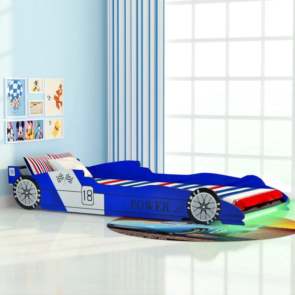 Pat copii mașină de curse, cu LED, 90 x 200 cm, albastru Lando - Lando