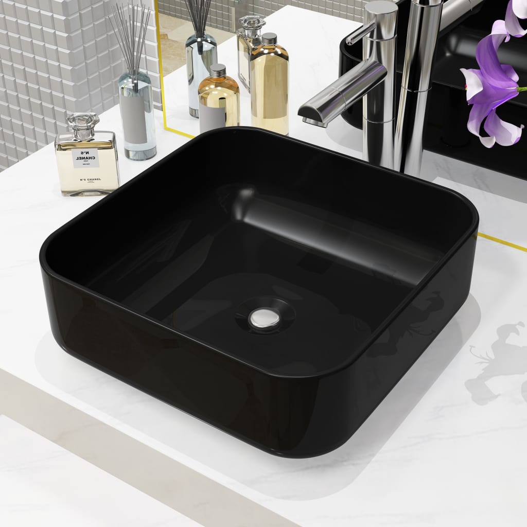 Chiuvetă de baie din ceramică, pătrată, negru, 38x38x13,5 cm Lando - Lando