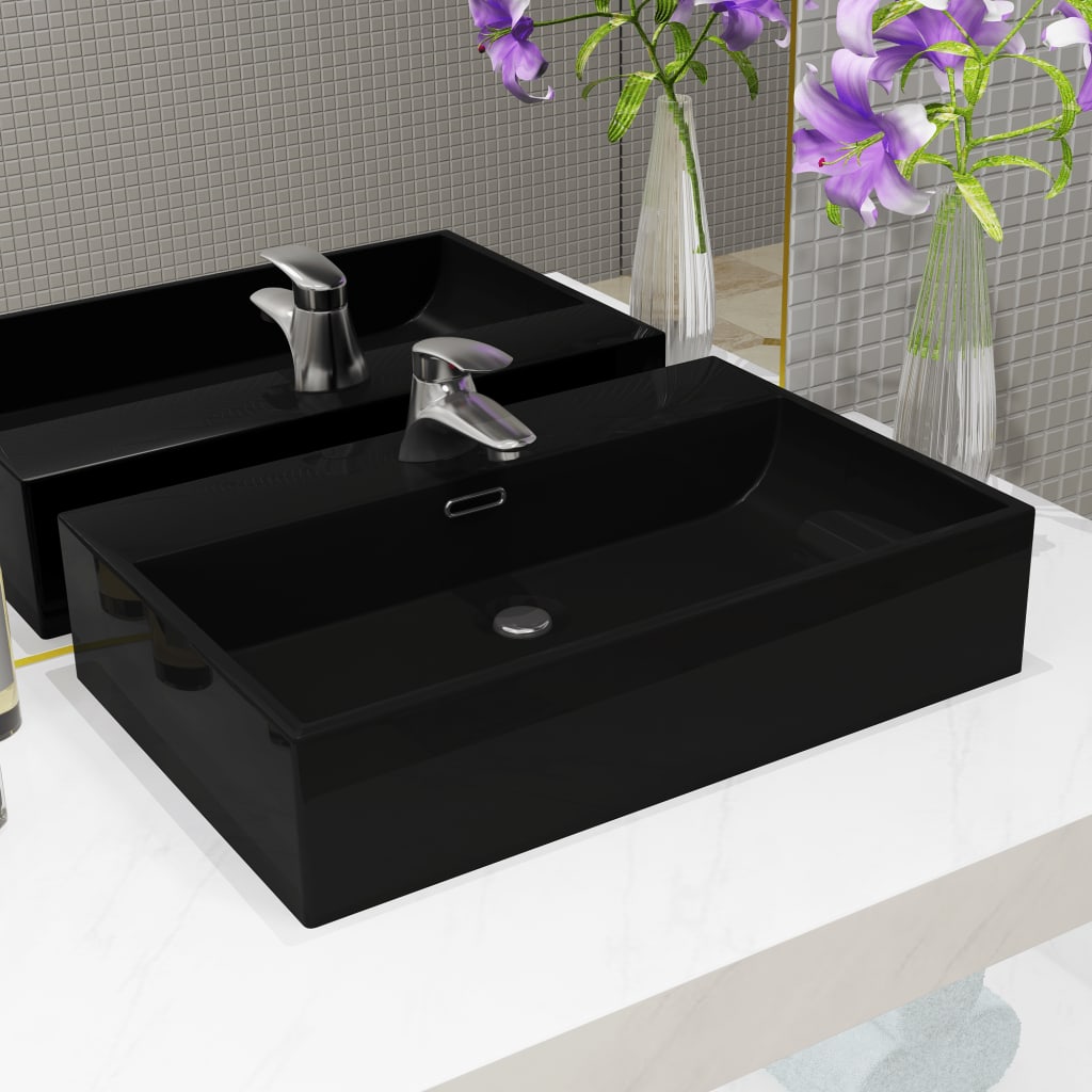 Chiuvetă baie, orificiu robinet, ceramică 76x42,5x14,5 cm negru Lando - Lando