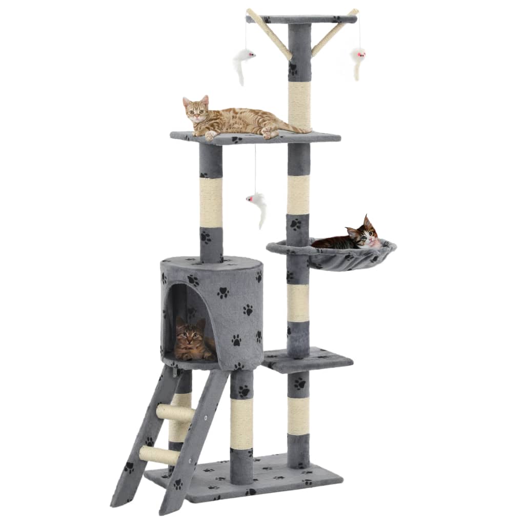Ansamblu pisici stâlpi funie sisal, 138 cm imprimeu lăbuțe, gri Lando - Lando