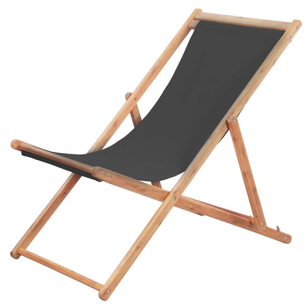 Scaun de plajă pliabil, gri, textil și cadru din lemn - Lando