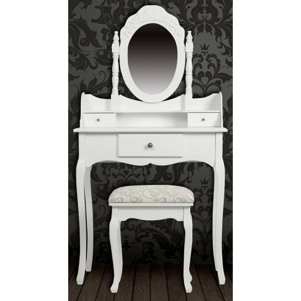 Masă de toaletă cu oglindă și taburet, alb - Lando
