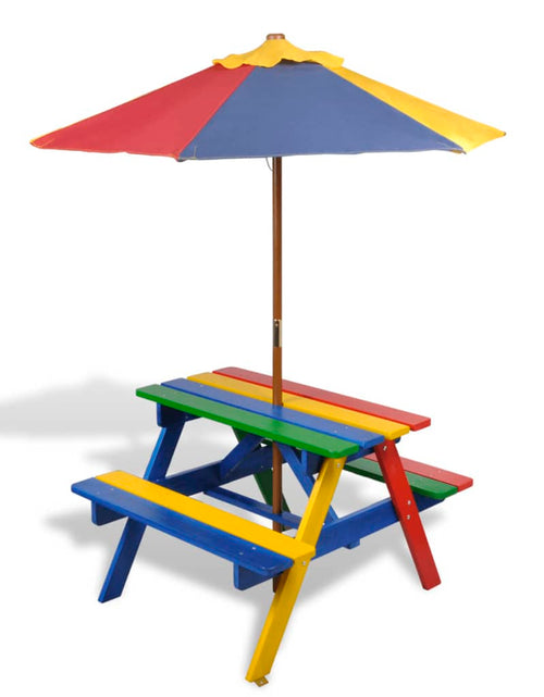 Încărcați imaginea în vizualizatorul Galerie, Masă de picnic pentru copii cu bănci &amp; umbrelă, lemn multicolor - Lando
