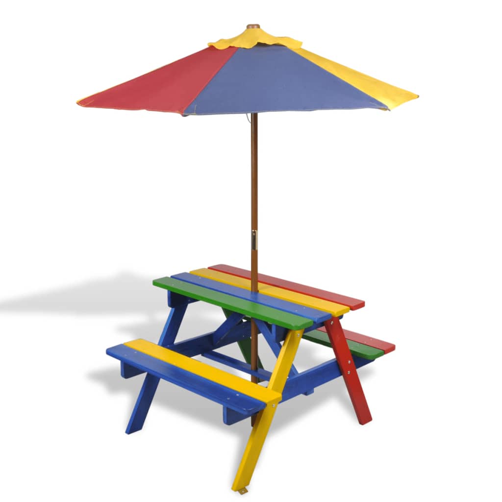 Masă de picnic pentru copii cu bănci &amp; umbrelă, lemn multicolor - Lando