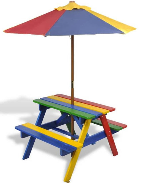 Încărcați imaginea în vizualizatorul Galerie, Masă de picnic pentru copii cu bănci &amp; umbrelă, lemn multicolor - Lando
