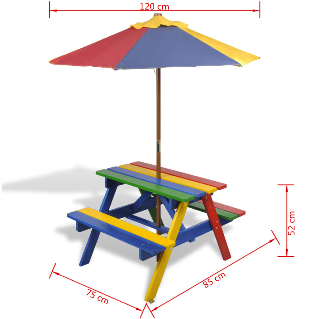 Masă de picnic pentru copii cu bănci &amp; umbrelă, lemn multicolor - Lando