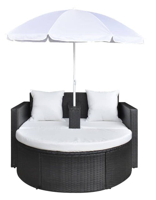 Încărcați imaginea în vizualizatorul Galerie, Pat de grădină cu umbrelă de soare, negru, poliratan - Lando
