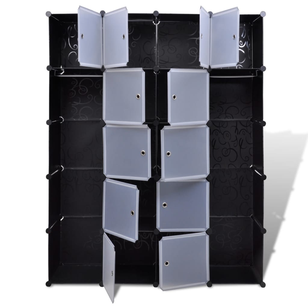 Dulap modular 14 compartimente alb și negru 37 x 146 x 180,5 cm - Lando