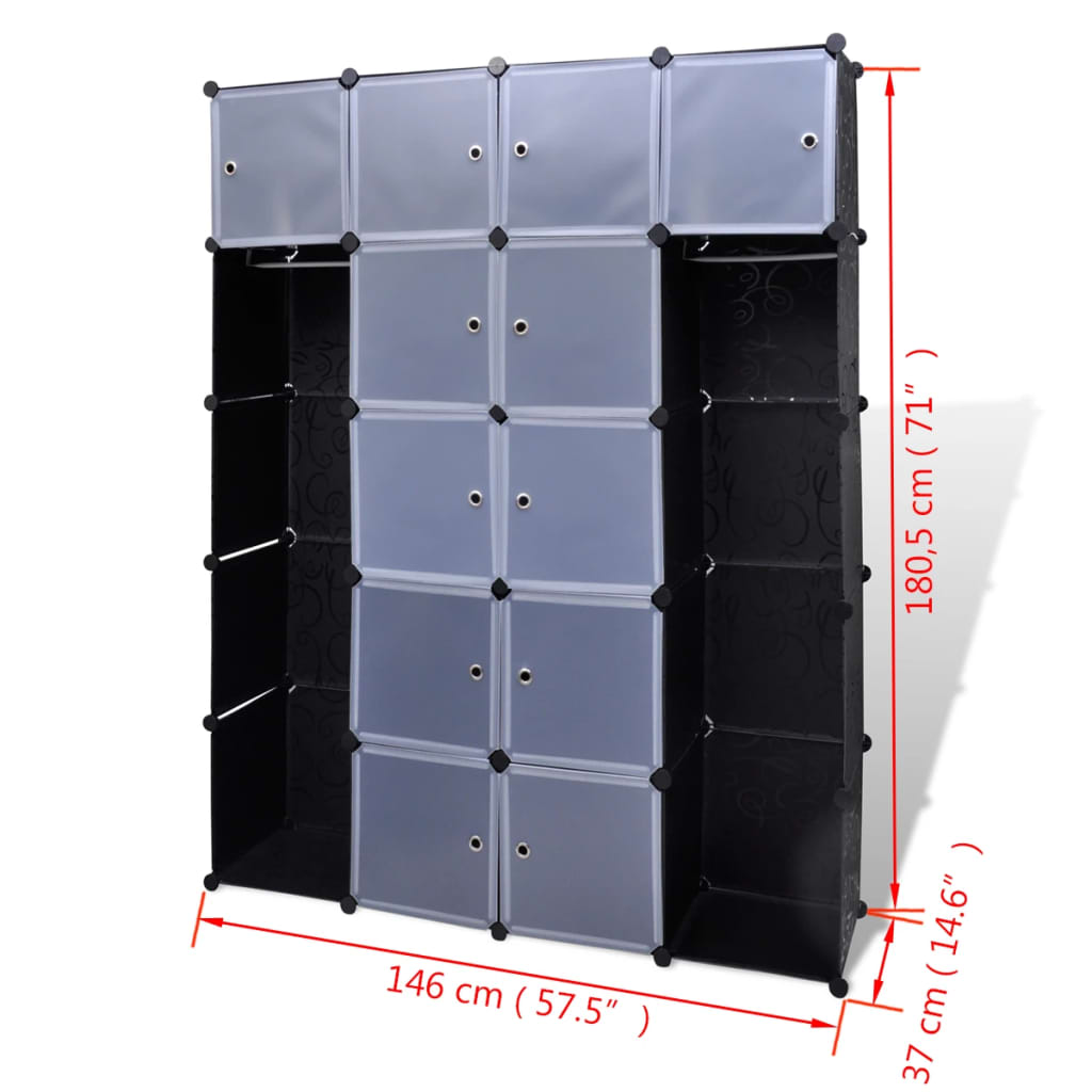 Dulap modular 14 compartimente alb și negru 37 x 146 x 180,5 cm - Lando