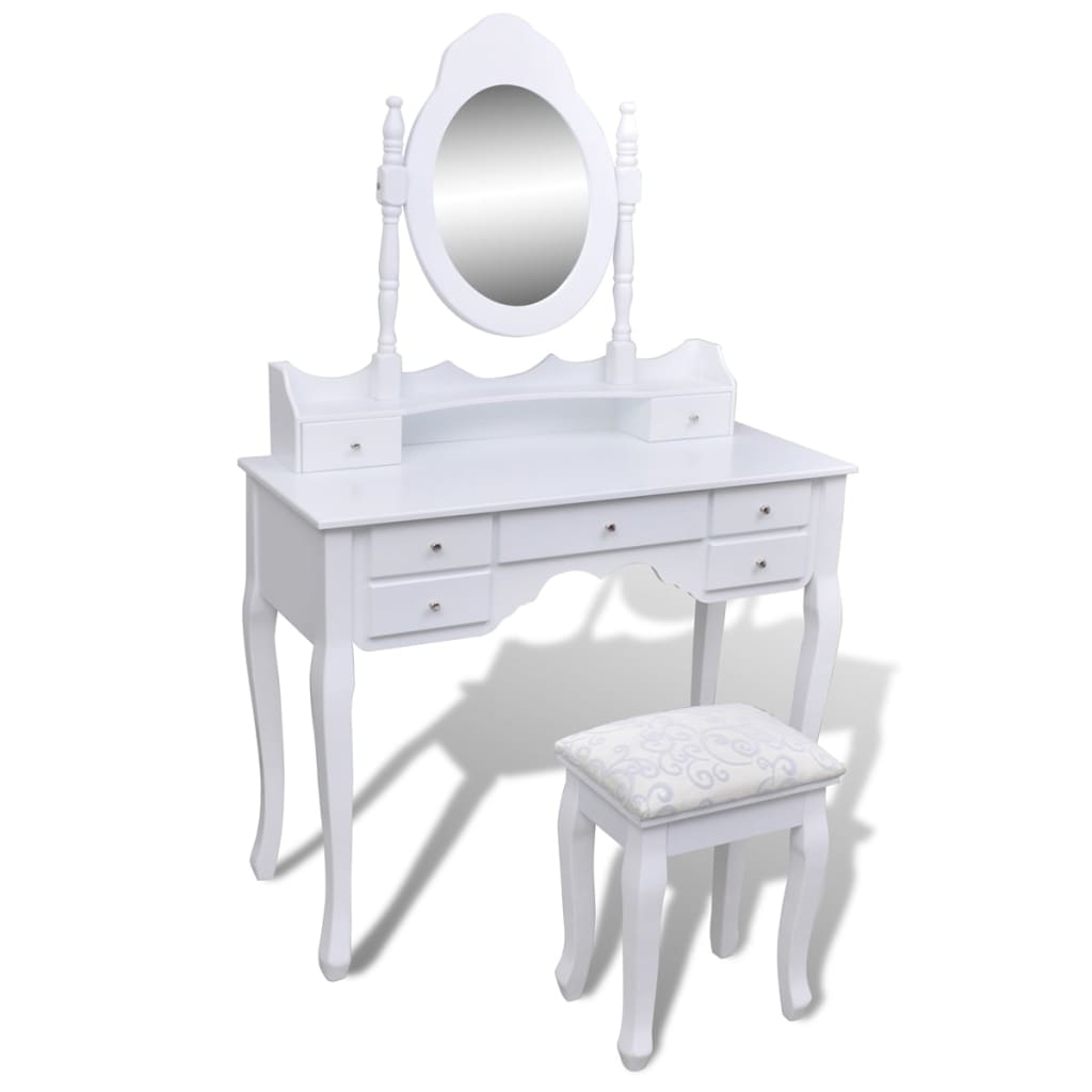 Masă de toaletă cu oglindă și taburet, 7 sertare, alb - Lando