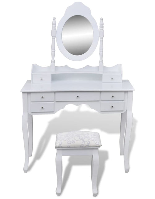 Загрузите изображение в средство просмотра галереи, Masă de toaletă cu oglindă și taburet, 7 sertare, alb - Lando
