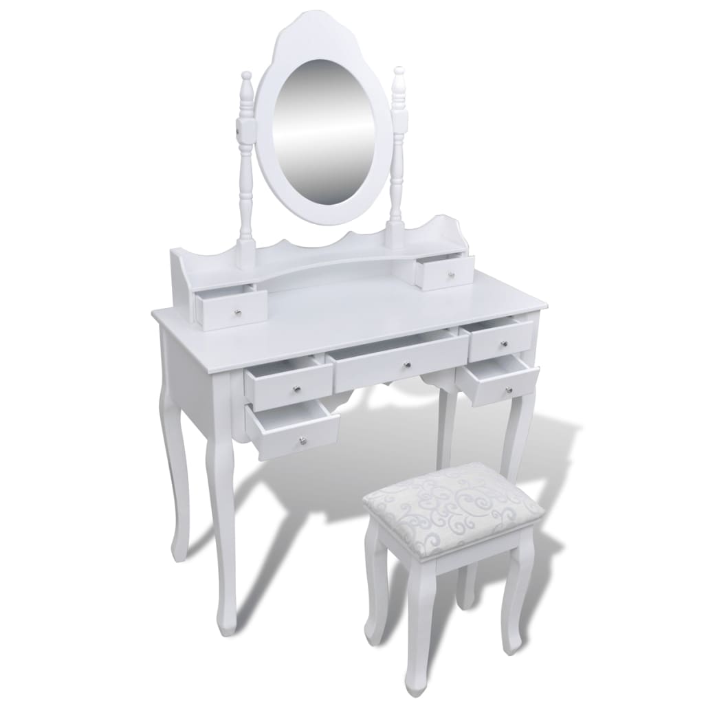 Masă de toaletă cu oglindă și taburet, 7 sertare, alb - Lando