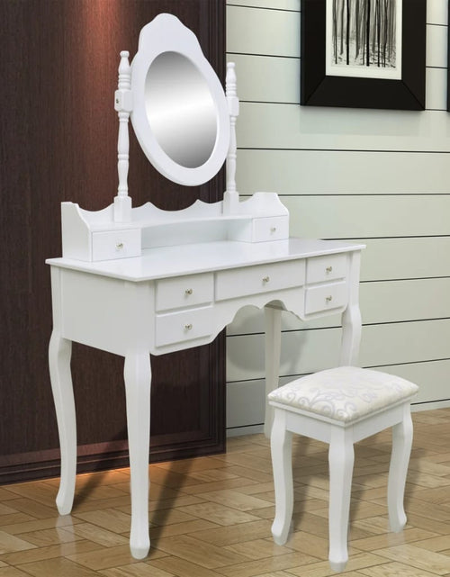 Încărcați imaginea în vizualizatorul Galerie, Masă de toaletă cu oglindă și taburet, 7 sertare, alb - Lando

