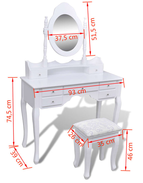 Загрузите изображение в средство просмотра галереи, Masă de toaletă cu oglindă și taburet, 7 sertare, alb - Lando
