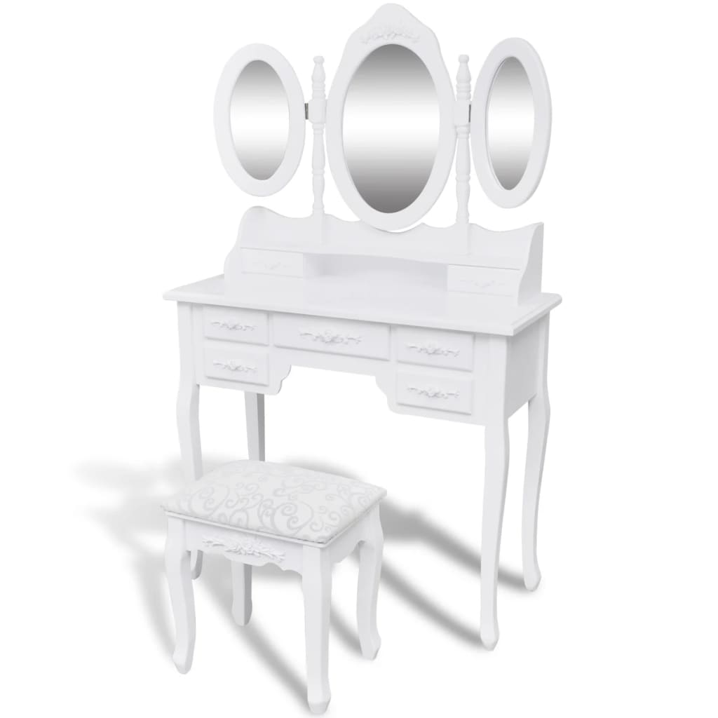 Masă de toaletă cu taburet și 3 oglinzi, alb - Lando