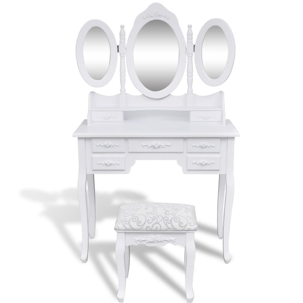 Masă de toaletă cu taburet și 3 oglinzi, alb - Lando