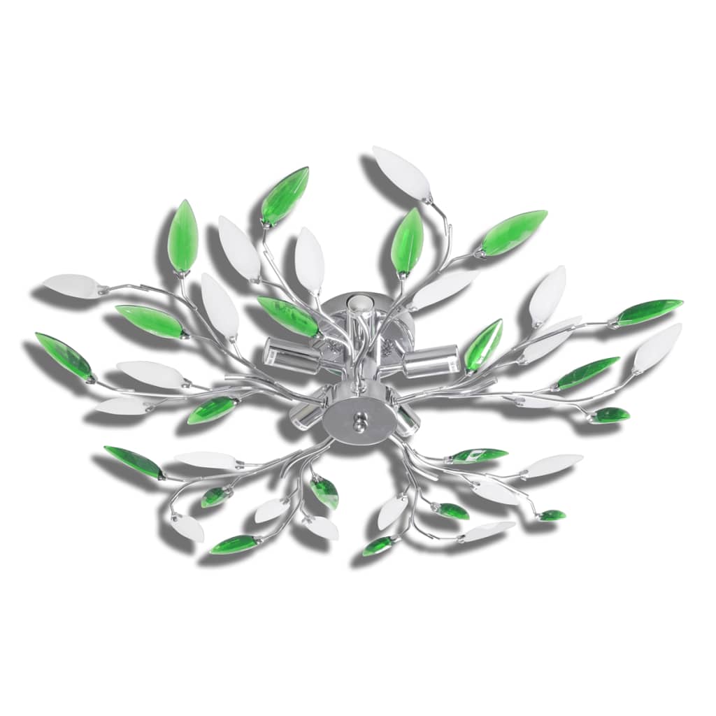 Plafoniera verde/albă, cu brațe frunze cristal acrilic, 5 becuri E14 Lando - Lando