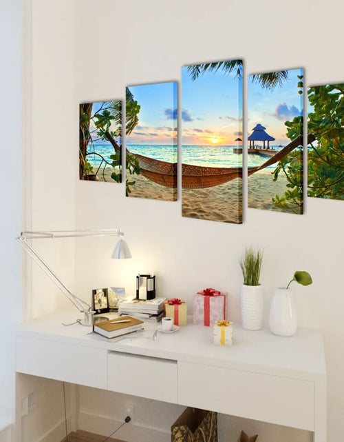 Загрузите изображение в средство просмотра галереи, Set tablouri din pânză cu imprimeu plajă cu nisip și hamac, 200x100 cm Lando - Lando
