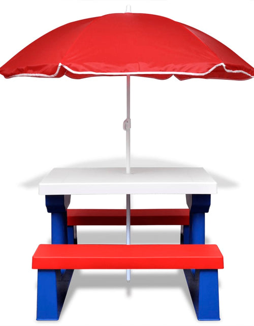 Încărcați imaginea în vizualizatorul Galerie, Masă de picnic pentru copii cu bănci &amp; umbrelă, multicolor - Lando
