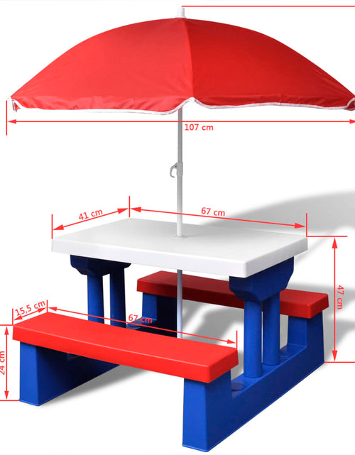 Încărcați imaginea în vizualizatorul Galerie, Masă de picnic pentru copii cu bănci &amp; umbrelă, multicolor - Lando
