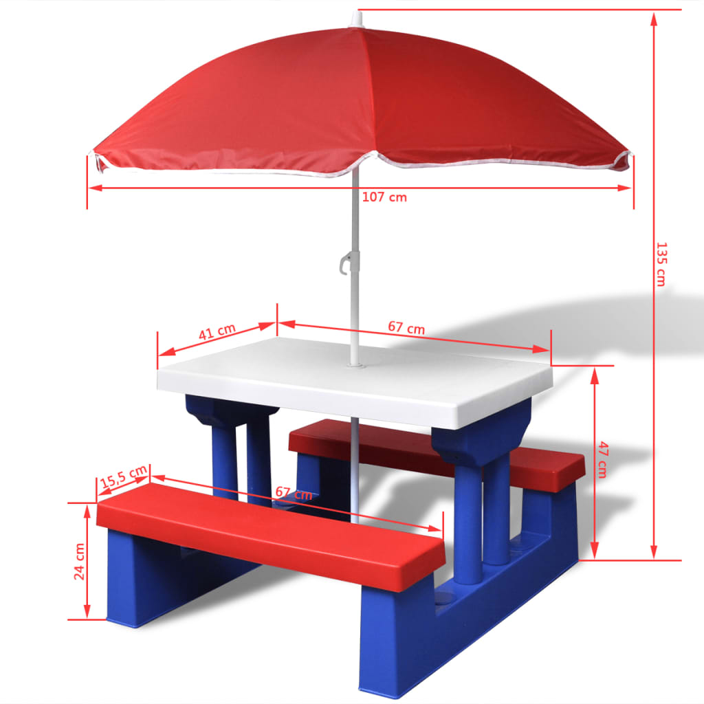 Masă de picnic pentru copii cu bănci & umbrelă, multicolor - Lando