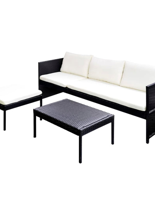 Încărcați imaginea în vizualizatorul Galerie, Set mobilier de grădină cu perne, 3 piese, negru, poliratan - Lando
