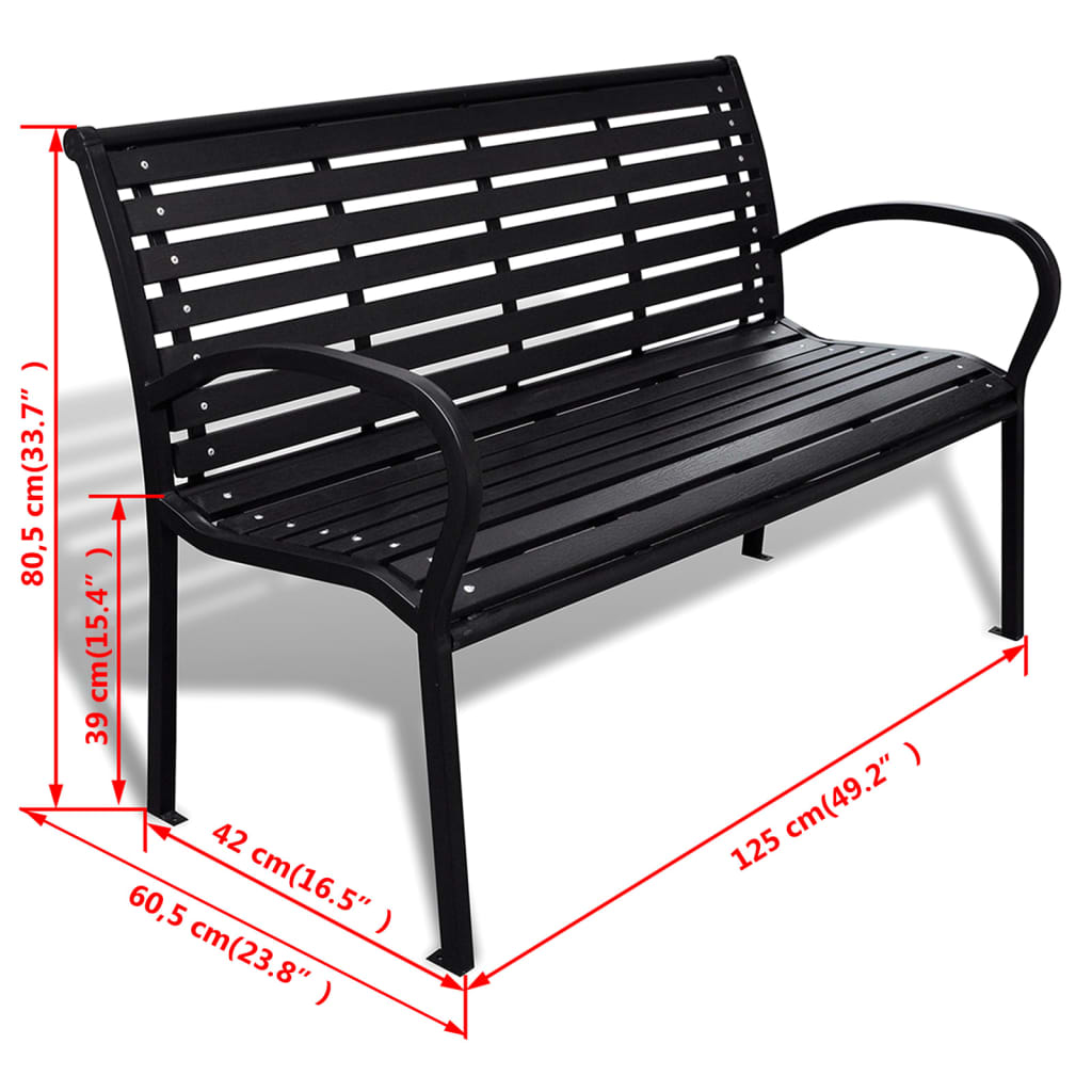 Bancă de grădină, negru, 125 cm, oțel și WPC - Lando