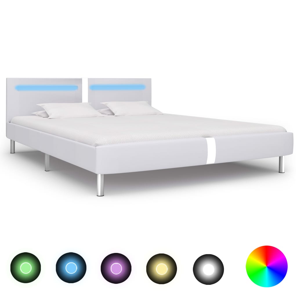 Cadru de pat cu LED, alb, 180 x 200 cm, piele artificială - Lando