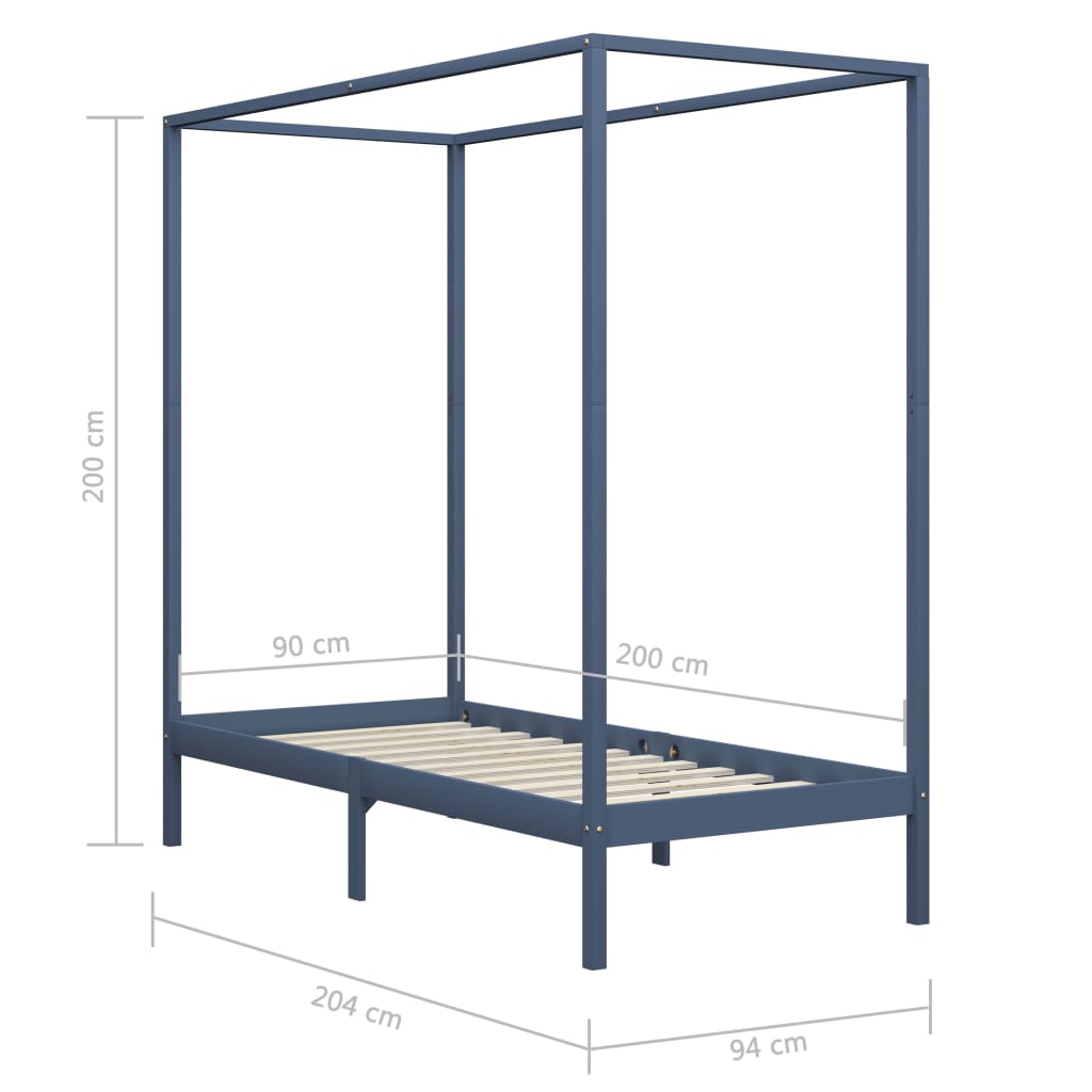 Cadru pat cu baldachin, gri, 90x200 cm, lemn masiv de pin - Lando