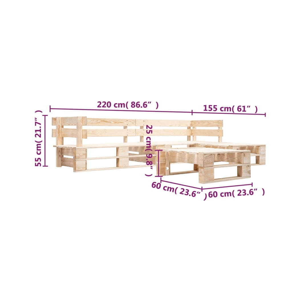 Set mobilier de grădină din paleți, 4 piese, natural, lemn - Lando