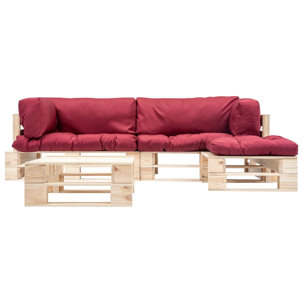 Set mobilier de grădină paleți cu perne roșii, 4 piese, lemn - Lando